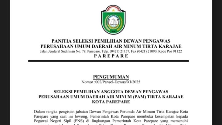 Pemkot Parepare Buka Seleksi Dewan Pengawas PAM Tirta Karajae, PNS Diundang Mendaftar