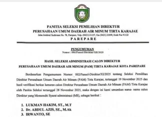 Tiga Nama Lolos Seleksi Administrasi Calon Direktur PAM Tirta Karajae Parepare Pemkot Parepare